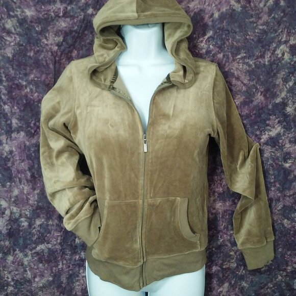 Vintage Y2K Plush &Lush Velour Hoodie Top Jacket Lady-M Zip Pockets Shimmer Tan - Picture 3 of 14